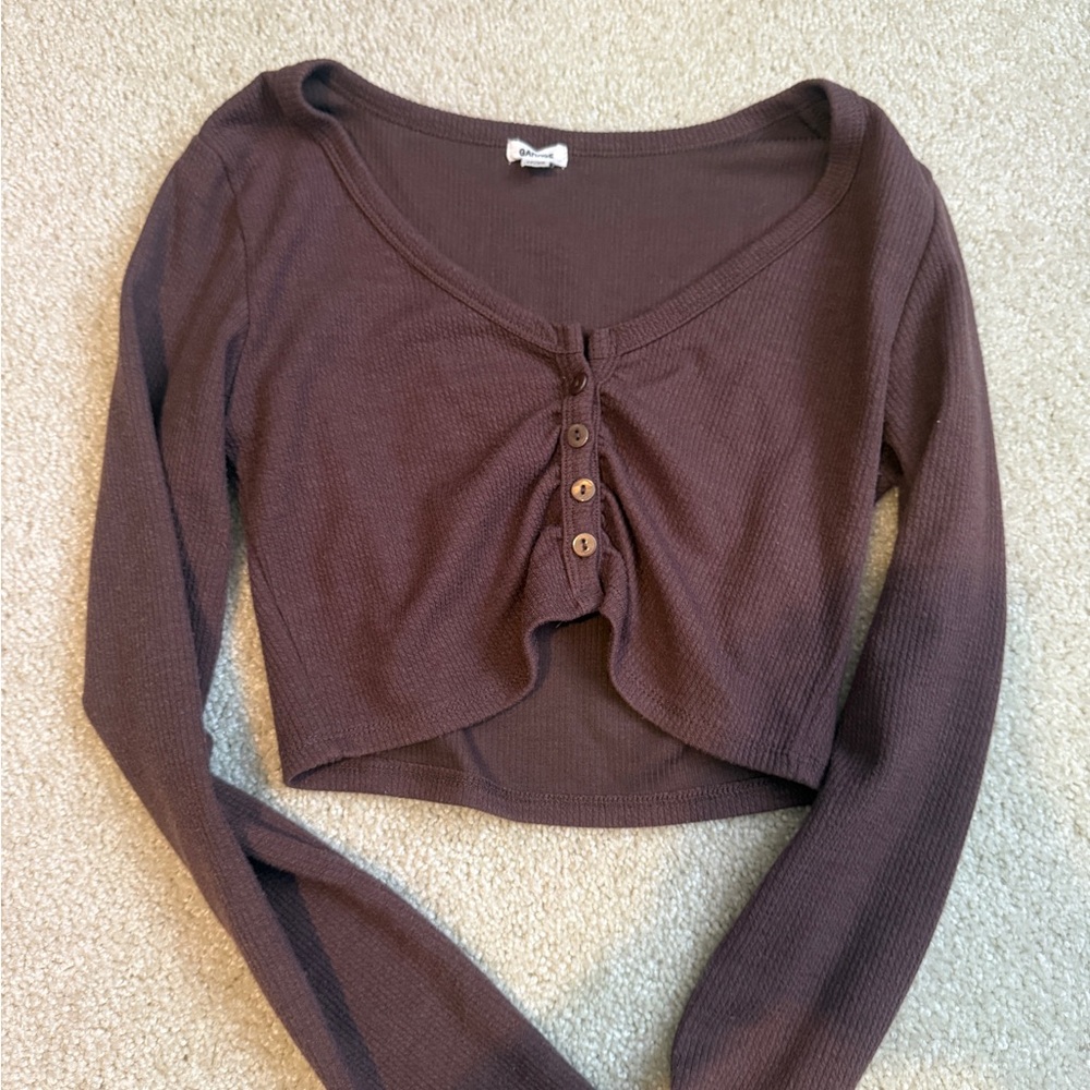 Garage Brown Buttoned Tie Front Crop Blouse